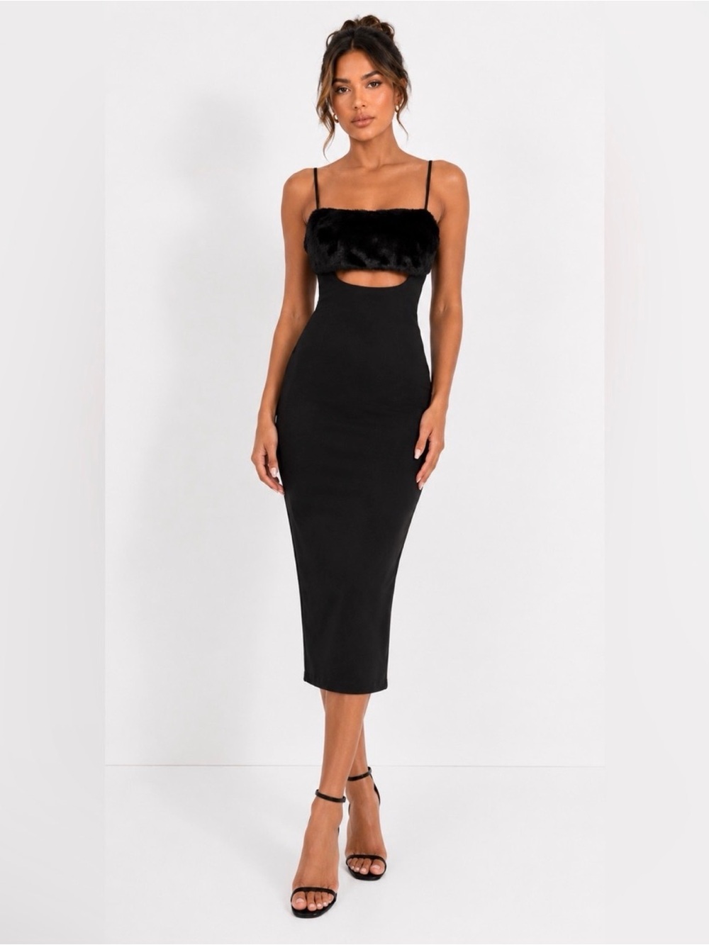 NWT Naked Wardrobe Black Faux Fur Trim Midi Dress | Black | Medium